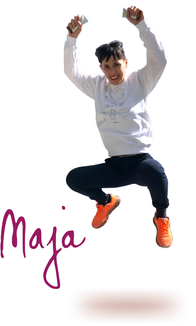 Photo of Maja jumping with signature